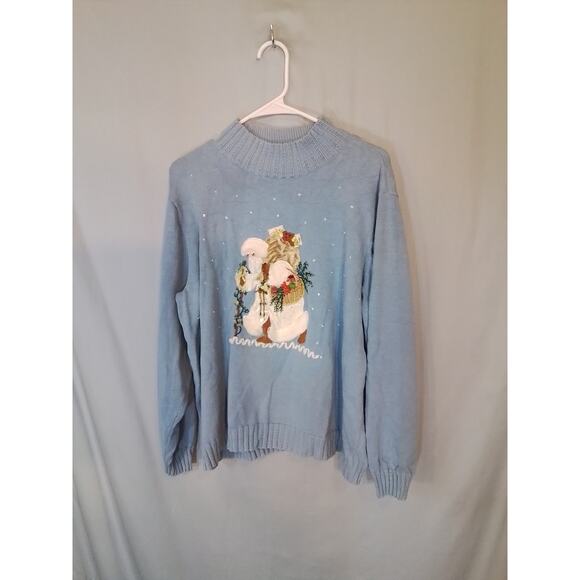 Quacker Factory; blue winter pullover sweater with Christmas theme. - Picture 3 of 7